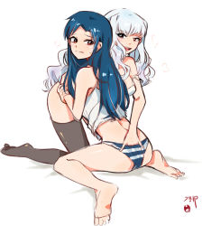 Rule 34 | 2girls, :d, ass, bare arms, bare legs, bare shoulders, barefoot, black legwear, blue hair, blush, feet, female focus, fingering, hand under clothes, highres, holding another&#039;s wrist, hug, idolmaster, idolmaster (classic), kisaragi chihaya, kneeling, legs, long hair, looking at another, looking back, looking to the side, midriff, multiple girls, off shoulder, open mouth, panties, pervert, red eyes, round teeth, shijou takane, shy, silver hair, sitting, smile, strap slip, striped clothes, striped panties, tank top, teeth, thighhighs, tuxedo de cat, underwear, wariza, yuri