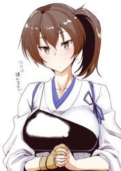 Rule 34 | 10s, 1girl, bad anatomy, bad hands, blush, breasts, brown eyes, brown hair, female focus, fue (rhomphair), gloves, hair between eyes, japanese clothes, kaga (kancolle), kantai collection, large breasts, long hair, looking at viewer, muneate, own hands clasped, own hands together, partially fingerless gloves, partly fingerless gloves, poorly drawn, ribbon, side ponytail, simple background, single glove, solo, tasuki, translation request, upper body, white background, yugake