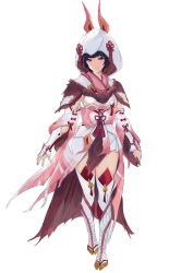 0.7_(aysatnegr) 1girl black_hair blush breasts detached_sleeves full_body japanese_clothes kimono looking_at_viewer mizutsune_(armor) monster_hunter monster_hunter_(character) monster_hunter_(series) monster_hunter_x shiromuku short_hair small_breasts solo thighhighs uchikake