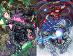 Rule 34 | animal, animal ears, ape, b.e.a.s.t. glove, bioluminescence, blue eyes, blue spine, bone weapon, claws, elbow spikes, fangs, giant, giant monster, gills, glowing, glowing mouth, godzilla, godzilla (monsterverse), godzilla (series), godzilla evolved, godzilla x kong: the new empire, gorilla, highres, horns, jaw, kaijuu, king kong, king kong (series), kong (monsterverse), long tail, matt frank, monster, monsterverse, mouth beam, muscular, no humans, open mouth, oversized animal, pinching thigh, reptile, reptilian, roaring, scales, scratching chin, sharp teeth, shimo (monsterverse), skar king, spiked tail, spikes, spines, tail, teeth, yellow eyes
