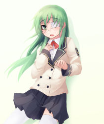 Rule 34 | 10s, 1girl, bad id, bad pixiv id, black skirt, crossover, eyepatch, green eyes, green hair, hand on own chest, hoshino yachiho, kazakura, long hair, long sleeves, looking at viewer, matching hair/eyes, noberuge, school uniform, simple background, skirt, solo, thighhighs, very long hair, white thighhighs, yellow background, zettai ryouiki