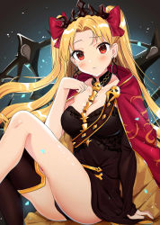 Rule 34 | 1girl, arm support, bad id, bad pixiv id, black leotard, black nails, blonde hair, blush, bow, breasts, cape, choker, cleavage, diadem, ereshkigal (fate), fate/grand order, fate (series), floating hair, hair bow, highres, leotard, long hair, looking at viewer, medium breasts, nail polish, parted lips, red bow, red cape, red eyes, shiny skin, sitting, solo, tohsaka rin, twintails, two side up, very long hair, wenquangua