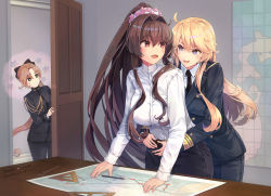 Rule 34 | 3girls, akigumo (kancolle), alternate costume, black necktie, blonde hair, blue eyes, breasts, brown hair, cherry blossoms, green eyes, highres, himeyamato, indoors, iowa (kancolle), kantai collection, large breasts, long hair, long sleeves, map, military, military uniform, mole, mole under eye, multiple girls, necktie, ponytail, red eyes, shirt, sidelocks, smile, star-shaped pupils, star (symbol), symbol-shaped pupils, uniform, white shirt, yamato (kancolle), yuri