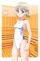 Rule 34 | 1girl, absurdres, aki (girls und panzer), blush, breasts, collarbone, commentary request, competition swimsuit, cowboy shot, girls und panzer, green eyes, groin, highres, light brown hair, looking at viewer, low twintails, one-piece swimsuit, sauna, short hair, short twintails, small breasts, smile, solo, standing, swimsuit, takafumi, thighs, twintails, two-tone swimsuit, variant set, white one-piece swimsuit