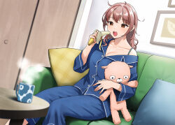 Rule 34 | 1girl, arm at side, arm up, banana, blue pajamas, blue pants, blue shirt, blush, bra, bra strap, brown eyes, brown hair, buttons, closet, coffee, coffee mug, collarbone, couch, cup, door, doushimasho, drawing (object), dutch angle, eating, feet out of frame, food, fruit, genkai ol-chan nui wo suu, hand up, holding, holding food, holding stuffed toy, indoors, lapels, messy hair, mug, nail polish, off shoulder, open mouth, pajamas, pants, picture frame, pillow, pink nails, shirt, sliding doors, solo, steam, strap slip, stuffed animal, stuffed toy, table, teddy bear, teeth, udou komori, underwear, upper teeth only, wooden door, wooden table