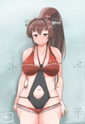 Rule 34 | 10s, 1girl, bad id, bad twitter id, bare shoulders, breasts, brown hair, cherry blossoms, female focus, kantai collection, kantai collection (anime), large breasts, long hair, looking at viewer, mo (kireinamo), navel, plump, ponytail, smile, solo, standing, swimsuit, thick thighs, thighs, very long hair, wide hips, yamato (kancolle)