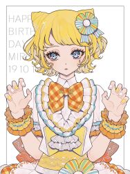 Rule 34 | 1girl, ao (ao0 0nemu), bad id, bad twitter id, blonde hair, blue eyes, blunt bangs, bow, bowtie, character name, claw pose, commentary request, cone hair bun, double bun, frilled jacket, frills, hair bun, hair ribbon, hands up, happy birthday, highres, idol clothes, jacket, looking to the side, minami mirei, multicolored nails, nail polish, orange bow, orange bowtie, plaid, plaid bow, pretty series, pripara, puffy short sleeves, puffy sleeves, ribbon, shirt, short hair, short sleeves, solo, upper body, white background, white shirt, wrist cuffs