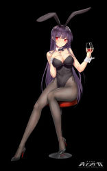 Rule 34 | 1girl, alcohol, animal ears, bare shoulders, black bow, black bowtie, black footwear, black hairband, black leotard, blush, bow, bowtie, breasts, brown pantyhose, character request, cleavage, closed mouth, collar, commentary, copyright name, cup, cupping glass, d. (ddot2018), detached collar, drinking glass, english commentary, fake animal ears, full body, hairband, high heels, highres, holding, holding cup, iron saga, large breasts, leotard, long hair, md5 mismatch, pantyhose, playboy bunny, purple hair, rabbit ears, red eyes, resolution mismatch, shoes, solo, strapless, strapless leotard, very long hair, watermark, white collar, wine, wine glass, wrist cuffs
