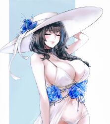 Rule 34 | 1girl, bikini, black hair, blue flower, blue hair, blush, braid, breasts, cleavage, closed eyes, earrings, flower, goddess of victory: nikke, hair over shoulder, hand on headwear, hat, hat flower, highres, jewelry, large breasts, large hat, lips, long hair, mary (bay goddess) (nikke), mary (nikke), multicolored hair, navel, necklace, nvalkyrja, official alternate costume, parted lips, smile, solo, streaked hair, sun hat, swimsuit, swimsuit cover-up, white bikini, white hat