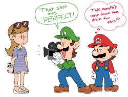 Rule 34 | 1girl, 2boys, breasts, brooklyn lady (mario), brothers, brown hair, camera, facial hair, frown, full body, gloves, grin, hat, highres, lipstick, long hair, luigi, makeup, mario, mario (series), medium breasts, multiple boys, mustache, nintendo, overalls, siblings, skirt, smile, speech bubble, standing, sunglasses, talking, the super mario bros. movie