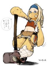 Rule 34 | 1girl, bad id, bad pixiv id, baggy pants, blonde hair, blue eyes, capcom, crafting shop daughter (monster hunter), detached sleeves, eyebrows, flat chest, gas mask, hairband, huge weapon, long hair, mallet, mask, midriff, monster hunter (series), monster hunter 4, navel, oomori harusame, overalls, pants, quad braids, solo, steel-toe boots, strapless, translation request, tube top, weapon