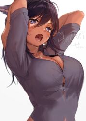Rule 34 | 1girl, animal ears, arms up, black hair, breasts, buttons, cat ears, cleavage, commission, cyobiro, facial mark, final fantasy, final fantasy xiv, grey shirt, hair between eyes, large breasts, long hair, looking at viewer, miqo&#039;te, open mouth, purple eyes, shirt, skeb commission, solo, stretching, sweatdrop, tan, teeth, thank you, tongue, upper body, uvula, warrior of light (ff14), whisker markings
