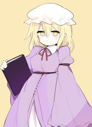 Rule 34 | 1girl, 76gpo, blonde hair, book, closed mouth, dress, hat, highres, holding, holding book, juliet sleeves, long sleeves, looking at viewer, maribel hearn, mob cap, one-hour drawing challenge, puffy sleeves, purple dress, short hair, simple background, solo, touhou, white hat, wide sleeves, yellow background, yellow eyes