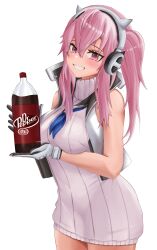 Rule 34 | 1girl, absurdres, black gloves, blue neckerchief, blush, cropped jacket, dr pepper, gloves, goddess of victory: nikke, grin, headphones, highres, holding, jacket, jais6, long hair, looking at viewer, neckerchief, pepper (nikke), pink hair, purple eyes, ribbed sweater, side ponytail, sidelocks, simple background, sleeveless, sleeveless sweater, smile, soda, soda bottle, solo, sweater, two-tone gloves, white background, white gloves, white jacket, white sweater