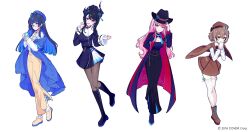 Rule 34 | 4girls, absurdres, asymmetrical horns, black hair, blue eyes, blue hair, brown hair, colored inner hair, commentary, demon horns, english commentary, highres, hololive, hololive english, horns, looking at viewer, maegjuw, mori calliope, multicolored hair, multiple girls, nanashi mumei, nerissa ravencroft, official art, ouro kronii, pink hair, red eyes, simple background, streaked hair, virtual youtuber, white background, white hair