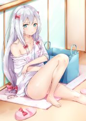 Rule 34 | &gt;:t, 10s, 1girl, :t, adrenaline!!!, aqua eyes, barefoot, basket, blue panties, blush, bow, closed mouth, clothes writing, collarbone, commentary request, copyright name, eromanga sensei, feet, hair bow, highres, izumi sagiri, knee up, long hair, looking at viewer, low-tied long hair, off shoulder, panties, pink bow, polka dot, polka dot panties, pout, short sleeves, silver hair, sitting, slippers, unworn slippers, solo, thighs, underwear, v-shaped eyebrows, yoshida iyo