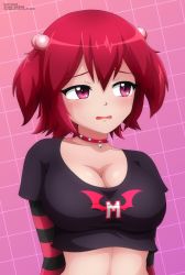 Rule 34 | 1girl, absurdres, bell, neck bell, black shirt, blush, breasts, choker, cleavage, collarbone, embarrassed, grid, grid background, hair bobbles, hair ornament, highres, indie virtual youtuber, large breasts, logo parody, long hair, long sleeves, looking to the side, midriff, nhentai, open mouth, pink background, pink eyes, print shirt, red hair, shirt, standing, sugoidoppai, twintails, virtual youtuber, zel-sama