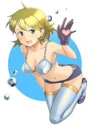 Rule 34 | 1girl, :d, blonde hair, bowieknife, bra, breasts, cleavage, gloves, green eyes, heart, lingerie, navel, open mouth, original, short hair, shorts, smile, solo, thighhighs, underwear, water drop