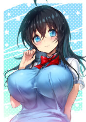 Rule 34 | 1girl, ahoge, black hair, blue eyes, blush, bow, bowtie, breasts, closed mouth, highres, hisasi, large breasts, long hair, looking at viewer, netoge no yome wa onna no ko janai to omotta?, red bow, red bowtie, shirt, sleeveless, sleeveless sweater, solo, sweater, tamaki ako, upper body, white shirt