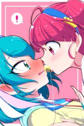 Rule 34 | !, 2girls, ahoge, antennae, aqua eyes, aqua hair, blue hairband, blunt bangs, blush, close-up, commentary request, dutch angle, ear blush, embarrassed, fingerless gloves, from side, full-face blush, gloves, hagoromo lala, hair ornament, hairband, hand on another&#039;s arm, hand up, highres, hoshina hikaru, imminent kiss, multicolored hair, multiple girls, noses touching, noyuki1204, open mouth, outside border, pink background, pink eyes, pink hair, pointy ears, portrait, precure, short hair, speech bubble, spoken exclamation mark, star (symbol), star hair ornament, star in eye, star twinkle precure, streaked hair, symbol in eye, twintails, wavy mouth, white background, white hair, yuri
