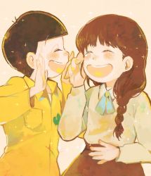 Rule 34 | 10s, 1boy, 1girl, absurdres, blue ribbon, blunt bangs, blush, braid, brown hair, couple, haachi, heart, heart in mouth, hetero, highres, jumpsuit, jyushimatsu&#039;s girlfriend, laughing, long hair, matsuno jyushimatsu, osomatsu-kun, osomatsu-san, osomatsu (series), pink background, ribbon, simple background, skirt, smile, sparkle, tearing up, upper body