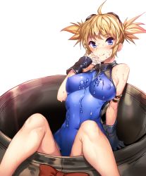 Rule 34 | 10s, 1girl, ajishio, black gloves, blonde hair, blue eyes, blush, breasts, covered navel, cum, cum on body, cum on upper body, covered erect nipples, facial, fingerless gloves, gloves, goggles, goggles on head, granblue fantasy, highres, impossible clothes, long hair, medium breasts, pengie, short twintails, simple background, sitting, smile, solo, tongue, tongue out, twintails