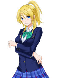 Rule 34 | 10s, 1girl, ayase eli, bad id, bad pixiv id, blazer, blonde hair, blue eyes, bow, bowtie, breasts, collared shirt, crossed arms, green bow, green bowtie, jacket, kosuke (bb), large breasts, long hair, long sleeves, love live!, love live! school idol project, plaid, plaid skirt, ponytail, school uniform, scrunchie, shirt, simple background, skirt, smile, solo, striped bow, striped bowtie, striped clothes, striped neckwear, white background