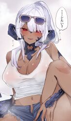 Rule 34 | 1girl, anoyo (anoyode0), au ra, bare shoulders, blue-tinted eyewear, blush, breasts, cleavage, commentary request, dark-skinned female, dark skin, denim, denim shorts, eyewear on head, final fantasy, final fantasy xiv, heart, heavy breathing, highres, horns, huge breasts, looking at viewer, medium hair, midriff, navel, open fly, parted lips, ponytail, red eyes, scales, seductive smile, short shorts, shorts, simple background, smile, solo, speech bubble, steaming body, sweat, tank top, tinted eyewear, translation request, tsurime, upper body, white background, white hair, white tank top
