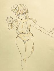 Rule 34 | 1girl, barefoot, bikini, breasts, cleavage, collarbone, color trace, creatures (company), feet, game freak, graphite (medium), hair ornament, highres, holding, kotokoto (jumon), large breasts, looking at viewer, nintendo, poke ball, pokemon, pokemon bw, red hair, short hair, short hair with long locks, skyla (pokemon), smile, solo, standing, standing on one leg, swimsuit, traditional media