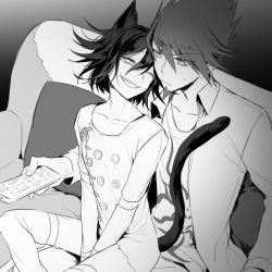 Rule 34 | 2boys, animal ears, between legs, buttons, cat boy, cat ears, collared shirt, commentary request, couch, danganronpa (series), danganronpa v3: killing harmony, double-breasted, facial hair, fang, goatee, greyscale, grin, hair between eyes, hand between legs, highres, holding, holding remote control, looking at another, male focus, momota kaito, monochrome, multiple boys, nanin, on lap, one eye closed, oma kokichi, remote control, shirt, short hair, sitting, smile, spiked hair, straitjacket, sweatdrop, yaoi