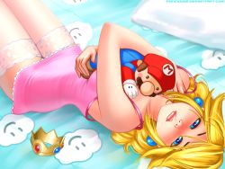 Rule 34 | 1girl, bed, blonde hair, blue eyes, blush, breasts, camisole, character doll, hug, legs, long hair, looking at viewer, lying, mario, mario (series), medium breasts, nintendo, on back, pink lips, princess peach, ronindude, see-through, see-through legwear, solo, stuffed toy, thighhighs, thighs, white thighhighs