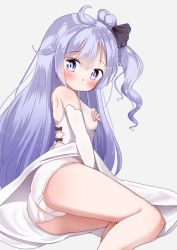 Rule 34 | 1girl, ahoge, ass, azur lane, bare shoulders, black bow, black ribbon, blush, bow, breasts, child, closed mouth, commentary request, detached sleeves, dress, feet out of frame, grey background, hair between eyes, hair bun, hair ribbon, hand on own breast, hand on own chest, hand up, highres, long hair, long sleeves, mochiyuki, one side up, panties, purple eyes, purple hair, ribbon, sidelocks, simple background, single hair bun, small breasts, solo, underwear, unicorn (azur lane), very long hair, white dress, white panties, white sleeves