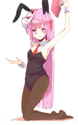 Rule 34 | 1girl, animal ears, aoi (annbi), arm up, armpits, bare arms, blush, brown pantyhose, detached collar, fake animal ears, folding fan, fox mask, full body, hand fan, hata no kokoro, highres, kneeling, leotard, long hair, looking at viewer, mask, necktie, noh mask, open mouth, pantyhose, pink eyes, pink hair, playboy bunny, rabbit ears, simple background, solo, strapless, strapless leotard, touhou, very long hair, white background, wrist cuffs