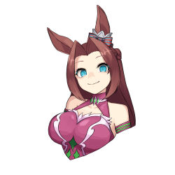 Rule 34 | 1girl, absurdres, animal ears, aqua eyes, bare shoulders, breasts, brown hair, closed mouth, commentary, cropped torso, dress, highres, horse ears, kawakami princess (umamusume), large breasts, long hair, looking at viewer, parted bangs, pink hair, sanada ina, simple background, sleeveless, sleeveless dress, smile, solo, umamusume, upper body, white background