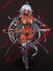Rule 34 | 1girl, abs, ahoge, armor, armored boots, bare shoulders, bikini, bikini armor, black background, black choker, boots, breasts, choker, cleavage, closed mouth, collarbone, commentary, commission, dark-skinned female, dark skin, facial mark, faulds, fingerless gloves, full body, gauntlets, gloves, groin, gurimjang, hair between eyes, highres, holding, holding sword, holding weapon, large breasts, leg tattoo, long hair, looking at viewer, midriff, nail polish, navel, original, pixiv commission, pubic tattoo, red eyes, red nails, revealing clothes, shoulder armor, shoulder tattoo, sidelocks, silver hair, skindentation, smile, solo, standing, swimsuit, sword, tattoo, thigh gap, thighhighs, weapon, white gloves, white thighhighs