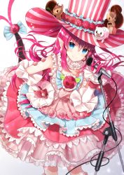 Rule 34 | 1girl, bad id, bad pixiv id, blue eyes, blue ribbon, blurry, blush, cable, choker, closed mouth, commentary request, depth of field, detached sleeves, dragon girl, dragon tail, dress, earrings, elizabeth bathory (fate), elizabeth bathory (fate/extra ccc), elizabeth bathory (third ascension) (fate), fate (series), floating hair, flower, frilled choker, frilled dress, frills, gradient background, hair between eyes, hand on own hip, hat, head tilt, highres, holding, holding microphone, jewelry, layered dress, light particles, long hair, long sleeves, looking at viewer, microphone, microphone stand, multicolored clothes, multicolored dress, nunucco, pig, pink dress, pink flower, pink hair, pink hat, pink rose, pointy ears, polka dot, polka dot dress, ribbon, rose, sidelocks, sleeveless, sleeveless dress, smile, solo, squirrel, standing, star (symbol), striped clothes, striped dress, striped headwear, tail, tail flower, tail ornament, top hat, vertical-striped-hat, vertical-striped clothes, vertical-striped dress, vertical-striped headwear, vertical-stripes, very long hair, white background, white choker