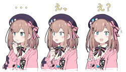 Rule 34 | 1girl, :3, :d, aqua eyes, beret, blue hat, blush, brown hair, cardigan, expressions, hair ornament, hairclip, hat, ixy, long sleeves, looking at viewer, nijisanji, open mouth, pink cardigan, shirt, short hair, simple background, smile, solo, suzuhara lulu, suzuhara lulu (1st costume), upper body, virtual youtuber, white background, white shirt, wide-eyed, x hair ornament