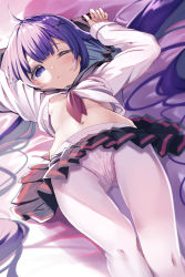 Rule 34 | 1girl, ahoge, azur lane, black sailor collar, black skirt, blue eyes, breasts, clothes lift, commentary, crotch seam, hair ornament, long hair, looking at viewer, lying, navel, neckerchief, nipples, on back, on bed, one eye closed, panties, panties over pantyhose, pantyhose, pleated skirt, purple hair, red neckerchief, sailor collar, shirt lift, skirt, small breasts, solo, stomach, sweater, underwear, unicorn (long-awaited date) (azur lane), unicorn (azur lane), valueless0000, white panties, white pantyhose, white sweater, x hair ornament