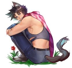Rule 34 | 1boy, animal ears, az (kroneko007), battle tendency, blue eyes, blue hair, brown hair, cat ears, cat tail, crossed arms, fingerless gloves, flower, from behind, gloves, jojo no kimyou na bouken, joseph joestar, joseph joestar (young), looking back, male focus, midriff, mouth hold, scarf, solo, squatting, striped clothes, striped scarf, tail