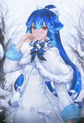 Rule 34 | 1girl, absurdres, artofkuzu, bao (vtuber), bao (vtuber) (3rd costume), bare tree, blue bow, blush, bow, capelet, commentary, english commentary, fur trim, highres, indie virtual youtuber, jacket, long hair, looking at viewer, ponytail, pouch, snow, snowing, solo, sweatdrop, tree, very long hair, virtual youtuber, white bow, white capelet, white jacket