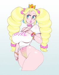 Rule 34 | 1girl, bimbo peach, blonde hair, blue eyes, borrowed design, bracelet, breasts, cameltoe, choker, covered erect nipples, covered navel, cowboy shot, cropped legs, crown, earrings, gradient background, highres, jewelry, large breasts, long hair, low-tied long hair, mario (series), nintendo, parted lips, pink choker, princess peach, print shirt, rocketraptor, shirt, short sleeves, solo, spiked choker, spikes, twintails, very long hair, white background, white shirt