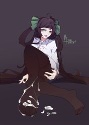 Rule 34 | 1girl, ahoge, black hair, breasts, cleavage, cum, cum on body, cum on lower body, feet, green eyes, crossed legs, long hair, looking at viewer, no shoes, open clothes, open shirt, pantyhose, shirt, sitting, sun shang xiang, toes, tongue, tongue out, twintails, wangzhe rongyao
