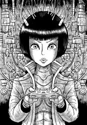 1girl android bob_cut cable commentary_request controller crosshatching dynamic_creative_knowledge game_controller greyscale hatching_(texture) highres holding holding_controller holding_game_controller imamura_takaya lips mechanical_hands monochrome solo upper_body v-shaped_eyebrows