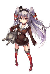 Rule 34 | 10s, 1girl, amatsukaze (kancolle), brown dress, brown eyes, dress, full body, garter belt, garter straps, grey hair, huazang, kantai collection, long hair, long sleeves, personification, red thighhighs, rensouhou-kun, sailor dress, short dress, smile, solo, standing, thighhighs, twintails, two side up, white background, zettai ryouiki