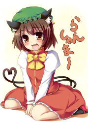 Rule 34 | 1girl, animal ears, brown eyes, brown hair, cat ears, cat tail, chen, earrings, fang, green hat, hat, heart, heart tail, jewelry, mob cap, multiple tails, nekomata, open mouth, short hair, simple background, single earring, solo, tail, tekehiro, touhou, two tails, white background