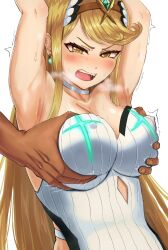 Rule 34 | 1boy, 1girl, armpits, arms up, blonde hair, breasts, circlet, covered erect nipples, dark-skinned male, dark skin, earrings, grabbing, grabbing another&#039;s breast, grabbing from behind, heavy breathing, hetero, jewelry, large breasts, long hair, motion lines, mythra (radiant beach) (xenoblade), mythra (xenoblade), nebitora, netorare, one-piece swimsuit, open mouth, simple background, swimsuit, teeth, textless version, upper body, upper teeth only, v-shaped eyebrows, very long hair, white background, white one-piece swimsuit, xenoblade chronicles (series), xenoblade chronicles 2, yellow eyes