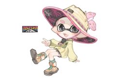 Rule 34 | 1boy, black eyes, black shorts, brown footwear, cross-laced footwear, fang, full body, hat, inkling, inkling boy, inkling player character, jacket, nintendo, open mouth, pink hair, pink trim, pointy ears, shoes, short hair, short shorts, shorts, simple background, skin fang, smile, solo, spl8ya, splatoon (series), sticker, straw hat, tentacle hair, thick eyebrows, v, white background, yellow jacket