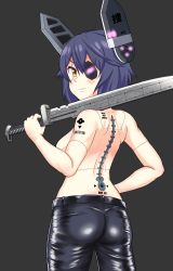 Rule 34 | 1girl, alternate costume, artificial eye, ass, back, belt, black belt, black pants, breasts, censored, convenient arm, from behind, headgear, highres, holding, holding sword, holding weapon, kantai collection, large breasts, leather, leather pants, mechanical eye, mechanical parts, censored nipples, over shoulder, pants, purple hair, short hair, solo, subdermal port, sword, sword over shoulder, tenryuu (kancolle), topless, tsukemon, weapon, weapon over shoulder, yellow eyes