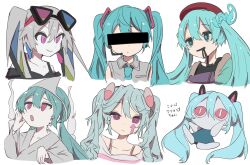 Rule 34 | 6+girls, aimaina, animal ears, blue hair, blue necktie, cat ears, censored, closed mouth, commentary, creator connection, eyewear on head, ghost, grey hair, grey shirt, hatsune miku, high fever (module), highres, identity censor, japanese clothes, kimono, liquid from mouth, long hair, long sleeves, looking at viewer, low twintails, microphone, multiple girls, multiple persona, necktie, nomi mushi, obake no ukenerai (vocaloid), pill hair ornament, pink eyes, real ni buttobasu (vocaloid), ringed eyes, shirt, shuukan shounen bye bye (vocaloid), simple background, slow motion (vocaloid), songover, sunglasses, tokumei m (vocaloid), triangular headpiece, twintails, very long hair, vocaloid, white background, white kimono, wide sleeves