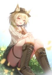 Rule 34 | :d, absurdres, animal ear fluff, animal ears, aoinu (aoinu 99), arknights, beanstalk (arknights), beanstalk (elite ii) (arknights), beige sweater, black collar, black hat, blush, boots, braid, brown footwear, brown hair, brown shirt, chinese commentary, collar, commentary request, ears through headwear, fang, flower, foot out of frame, grass, green hair, green shorts, hair between eyes, hand on knees, hat, highres, hyena ears, infection monitor (arknights), long hair, looking at viewer, multicolored hair, open mouth, outdoors, red eyes, shirt, shorts, simple background, sitting, smile, streaked hair, thigh strap, thighs, white background, yellow flower